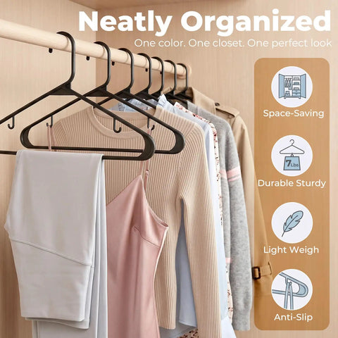 Heavy Duty Slim Closet Hangers 60 Pack Black Plastic Storage, Non Slip J Hook Keeps Delicate Straps Locked Down Tight, Space Saving Design For Cramped Wardrobes, Solid Garment Organizer Game Changer