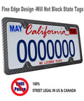 Carbon Fiber License Plate Frame Real Carbon Fiber Cloth Wrapped Holder Slim Black Stainless Steel Car Tag Cover With Screws Caps Rattle Proof Pad Four Hole Design One Pack displaying a California license plate.
