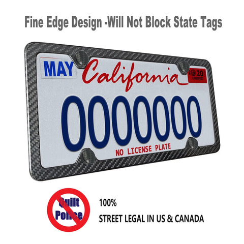 Carbon Fiber License Plate Frame Real Carbon Fiber Cloth Wrapped Holder Slim Black Stainless Steel Car Tag Cover With Screws Caps Rattle Proof Pad Four Hole Design One Pack displaying a California license plate.