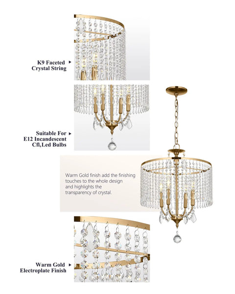 Gold Crystal Chandelier Pendant Lighting Fixture 17 Inch Modern Hanging Light with K9 Crystals and Warm Gold Frame close-up view
