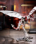 Pterosaur 3D Metal Puzzle Kit With 373 Piece Stainless Steel Mechanical Dragon For Adults Biomechanical Model STEM Build Gold Finish Collectible Gift For Builders, side view on stand
