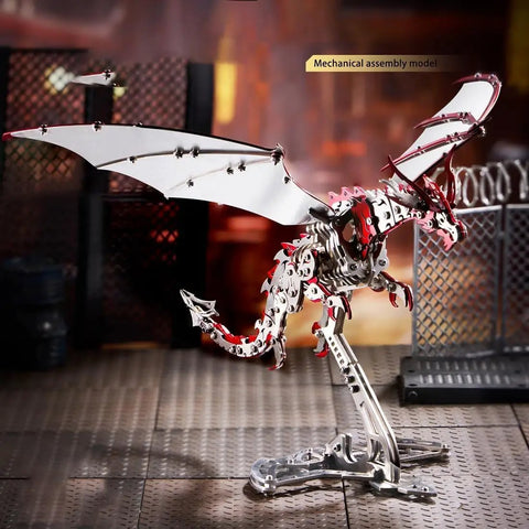 Pterosaur 3D Metal Puzzle Kit With 373 Piece Stainless Steel Mechanical Dragon For Adults Biomechanical Model STEM Build Gold Finish Collectible Gift For Builders, side view on stand