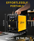 MIG 200Pro Welder With 110/220V Dual Voltage And Large LED Display, 7 In 1 Stick Lift TIG MIG Sync Spool Gun Flux Spot Welding, The Go To DIY Metal Shop Workhorse, shown with dimensions and weight on workbench.