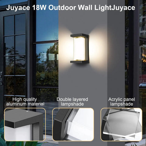 18W Outdoor Porch Light 1800 Lumen 6000K LED Exterior Wall Light Matte Black IP65 Waterproof mounted on wall