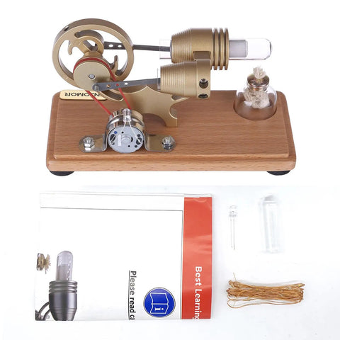 DIY Gamma-Shape Stirling Engine Kit With Generator And LED Lights, bronze metal model on wooden base, 6.30×2.36×2.93 in
