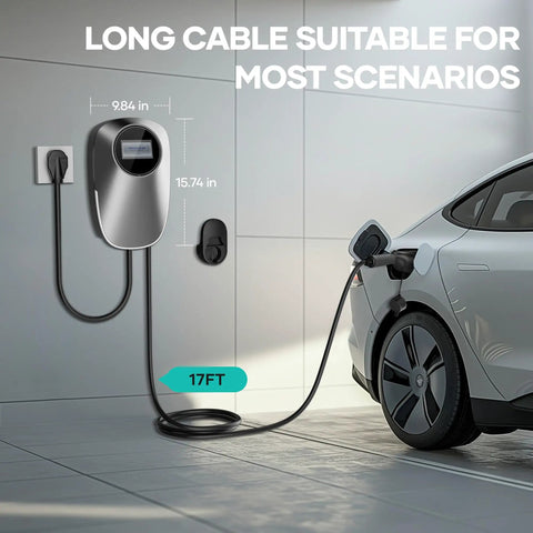 Level 2 Home EV Charger With 32 Amp 240V Power NEMA 14 50 Plug 17 Foot Cable J1772 Compatible attached to electric car
