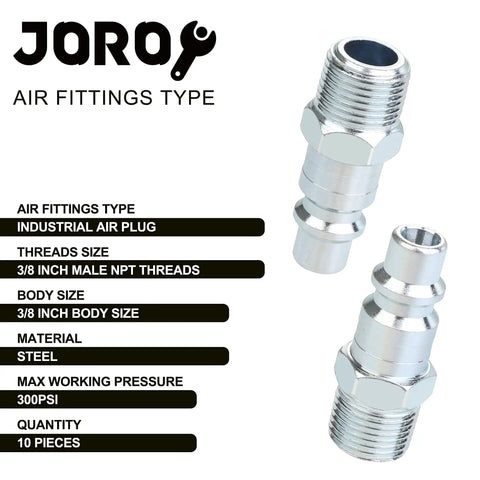 Three Eighth Inch High Flow Pro Grade Air Compressor Fittings Kit With M Type Plug, Three Eighth Inch Male Threads, Steel Construction, 300 PSI Rating, Ten Piece Quick Connect Fittings For Fast Air Line Setup