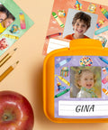 36 Pack Crayon Photo Nameplates For Classroom Desks And Cubbies Self Adhesive Name Tags With Photo Space 4.7 By 4.7 Inches Six Color Designs Bright School Supplies For 100th Day Bulletin Boards And Office Bins on orange lunchbox with kids' photos.