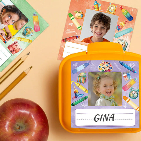 36 Pack Crayon Photo Nameplates For Classroom Desks And Cubbies Self Adhesive Name Tags With Photo Space 4.7 By 4.7 Inches Six Color Designs Bright School Supplies For 100th Day Bulletin Boards And Office Bins on orange lunchbox with kids' photos.