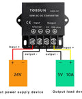 DC 12V/24V To 5V 10A Step Down Converter for car audio and 5V gadgets with wiring diagram for power regulator installation.