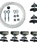 Festoon system kit with 1/4 in steel wire rope, 20 ft, includes eye bolts, rope clamps, and four mounting bases