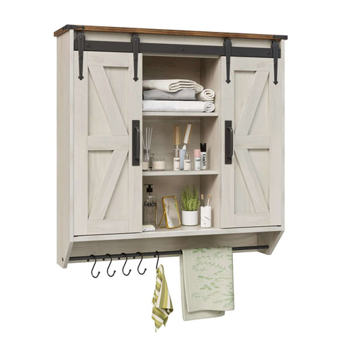 Antique white wall-mounted medicine cabinet with 2 sliding barn doors, featuring 3 tier rustic wood storage and towel bar, 30.71 inch.