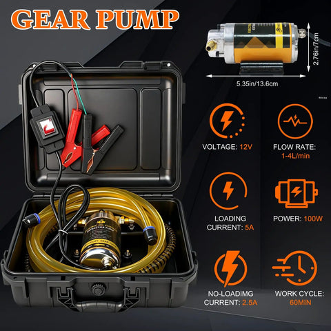 12V 100W Oil Transfer Pump Set with durable aluminum head in black case featuring quick 1-4 LPM flow for cars, boats, and mowers