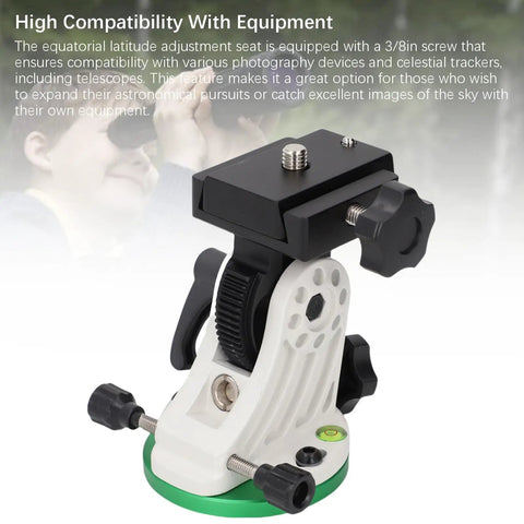 Easy Setup Equatorial Mount Base For Telescopes With Three Eighths Inch Thread, 90 Degree Adjustable, astronomy accessory displayed
