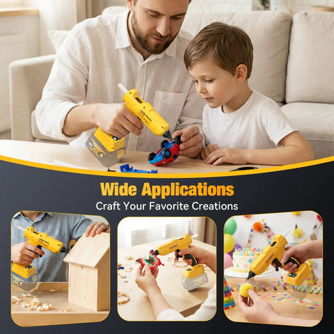 Father and son using Cordless 100W Hot Glue Gun For 20V Max Battery Full Size Handheld Glue Tool With 35 Glue Sticks.