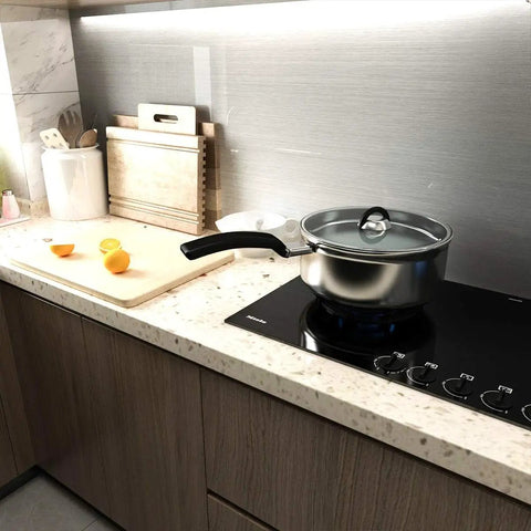 Kitchen scene with Stainless Steel Look Peel And Stick Countertop Wrap 24x197 Diy Friendly Waterproof Oilproof Heat Resistant Metallic Wallpaper For Kitchen Appliances Fridge And Dishwasher on backsplash