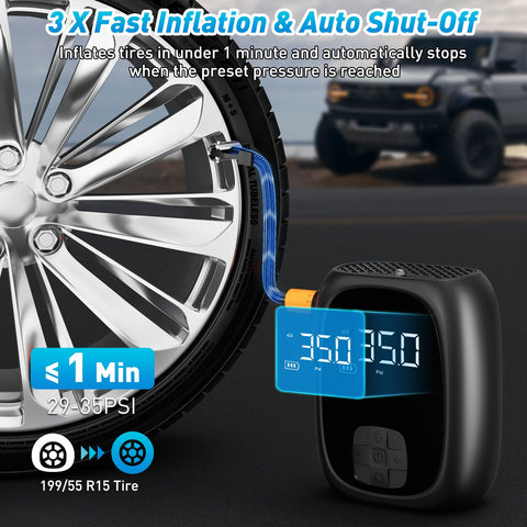 Fast Inflation Portable Tire Inflator With Auto Shut Off And LED Display for car wheel inflation, USB rechargeable air pump