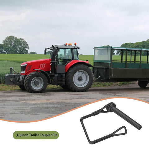 Two Pack Trailer Hitch Pin Three Eighths Inch By Four Inch Zinc Coated Steel Quick Release Towing Coupler Pin next to a tractor