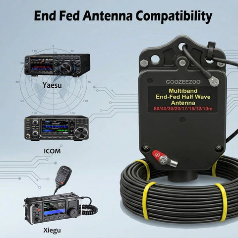 150W End Fed Half Wave Ham Radio Antenna With Eight Band Coverage From 80M To 10M Low SWR next to radio equipment displays