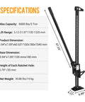 Specifications of 3 Ton Farm Jack 60 Inch Heavy Duty Ratcheting Off Road Utility Jack With 6600 Lb Capacity, showing dimensions and features