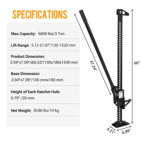 Specifications of 3 Ton Farm Jack 60 Inch Heavy Duty Ratcheting Off Road Utility Jack With 6600 Lb Capacity, showing dimensions and features