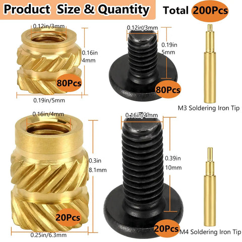 Heavy Duty Pro Grade Threaded Insert And Bolt Kit For Industrial 3D Printing Projects 200 Pcs Includes 100 Pcs Brass M3 M4 Inserts And Bolts