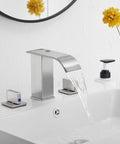 Brushed Nickel Widespread Bathroom Faucet With 3 Holes And 2 Handles Dope Modern Waterfall Sink Faucet With Pop Up Drain Deck Mounted