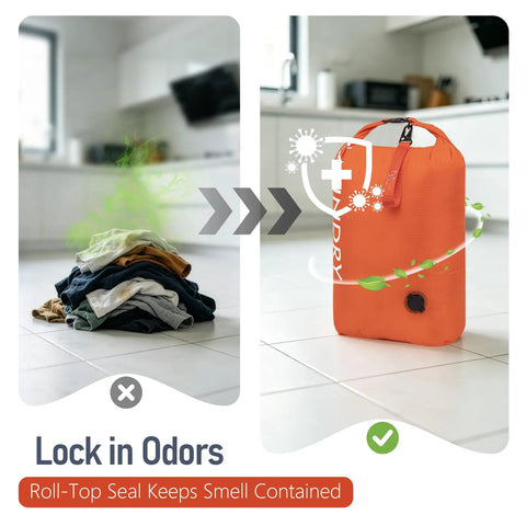 Dirty laundry pile next to orange Dual Pack Compression Laundry Bag For Travel, Pump-Free Wet-Dry Organizer, showing odor protection