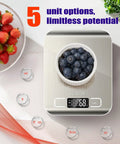 High Precision Kitchen Scale For Baking And Cooking Enthusiasts With Five Unit Options Oz Lb Oz Fl Oz G Ml No Fuss Easy One Button Operation And Backlit Display Silvery And White showing blueberries on display