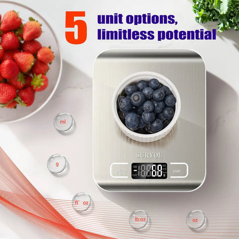 High Precision Kitchen Scale For Baking And Cooking Enthusiasts With Five Unit Options Oz Lb Oz Fl Oz G Ml No Fuss Easy One Button Operation And Backlit Display Silvery And White showing blueberries on display