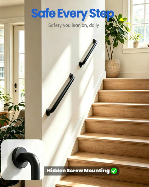 Built Like a Tank 12 Inch Black Stainless Steel Shower Grab Bars Lock In Rock Solid Grip Rustproof Bathroom Safety Handrail thickened screws mounted on staircase wall.