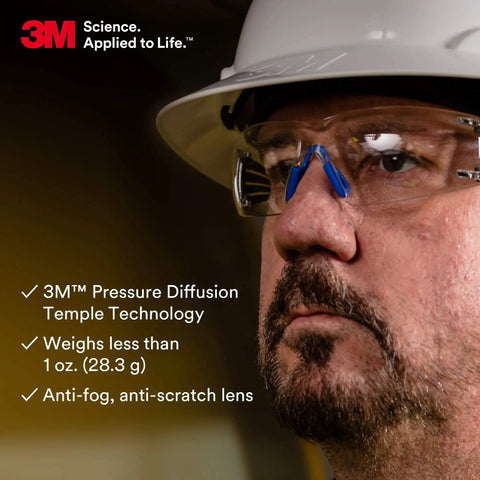 Worker wearing SecureFit 400 Safety Glasses with Anti Fog Scotchgard Clear Lenses, Blue Gray Frame, lightweight under 1 oz, in industrial setting.