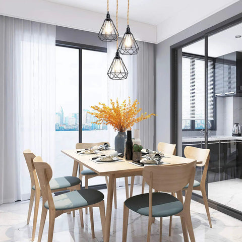 Dining room with three Black Metal Cage Lampshade For Pendant Light Kit 3 Pack Dope Vintage Diamond Wire Fixture above table.