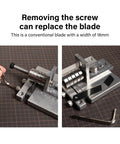 Manual Leather Strap Cutter For 60mm Width, Belt Cutting Machine With G-Clamps showing blade replacement and included wrench.