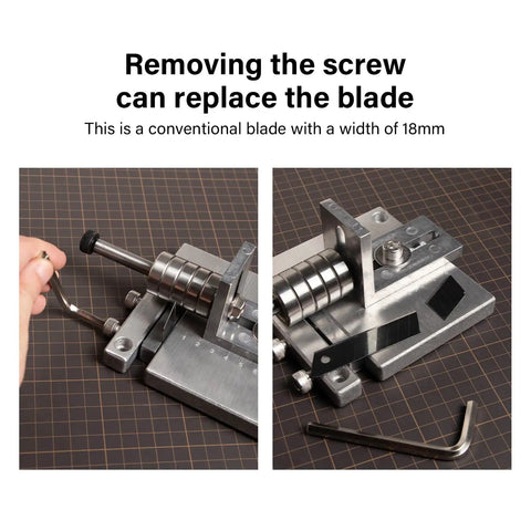 Manual Leather Strap Cutter For 60mm Width, Belt Cutting Machine With G-Clamps showing blade replacement and included wrench.