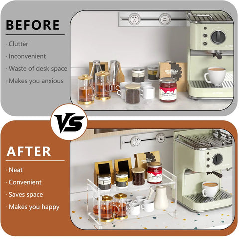 2 Tier Coffee Station Organizer for Countertops Acrylic Storage Shelf to Hold Mugs Beans Syrup Cups and Stirrers Neatly Stacked