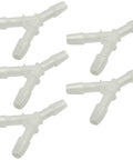 Five clear plastic three-port Y-connectors for oxygen tubing