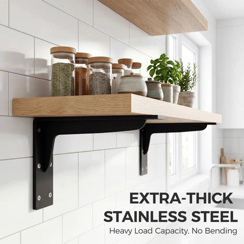 Heavy Duty L Shelf Brackets Matte Black Stainless Steel Floating Shelf Mounts For Wood Shelves 19.3 Inch 4.2mm Thick Wall Brackets