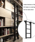 Black Slick Sliding Ladder Door Hardware Kit With Retractable Rolling Ladder shown folded on bookshelf