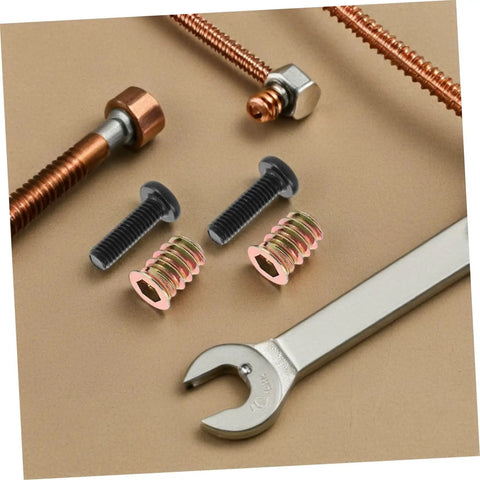 50Pc Wood Threaded Insert Nut Kit With Hex Bolts For Diy Furniture Assembly Includes hex bolts, inserts, and wrench on table.