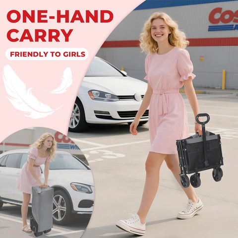 Woman carrying Ultra Light Folding Wagon On Wheels For Easy Grocery Runs And Outdoor Adventures, 11 lb portable utility cart