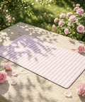 Pastel Pink Striped Desk Mat XXL Large Gaming Mouse Pad For Home Office Decor displayed on stone surface with roses