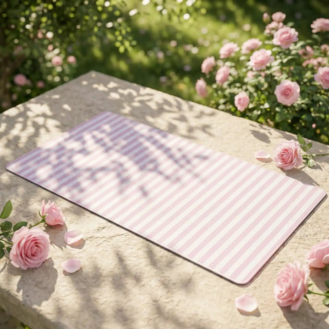 Pastel Pink Striped Desk Mat XXL Large Gaming Mouse Pad For Home Office Decor displayed on stone surface with roses