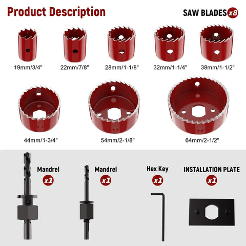 Eight Size Hole Saw Kit In A Durable Case With Arbors Drill Bits And Hex Key For Soft Wood Plywood PVC And Plastic set