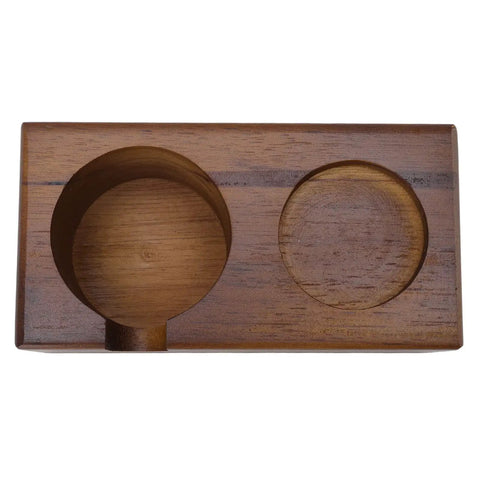 Straight Up Solid Beech Wood Coffee Tamper And Protafilter Stand With Handy Side Dock For 51 To 58 MM Brewers, flat wooden base.