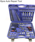 Socket Wrench Set For Auto And Home Repair, Mixed Tool Kit with ratchet, torque wrench, hex, star bits in a blue case