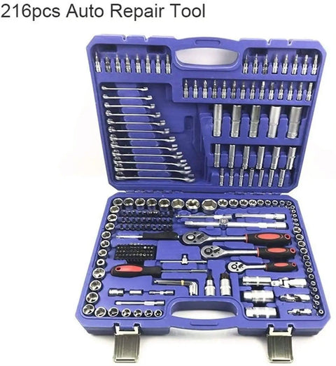 Socket Wrench Set For Auto And Home Repair, Mixed Tool Kit with ratchet, torque wrench, hex, star bits in a blue case
