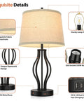 Two Pack Touch Control 3-Way Dimmable Table Lamps With USB Ports, featuring beige fabric shade and black openwork design.