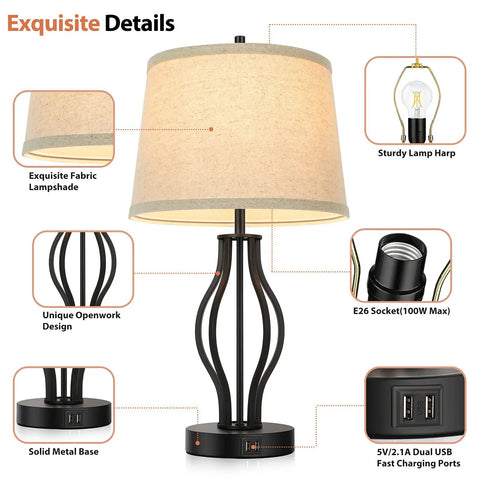 Two Pack Touch Control 3-Way Dimmable Table Lamps With USB Ports, featuring beige fabric shade and black openwork design.