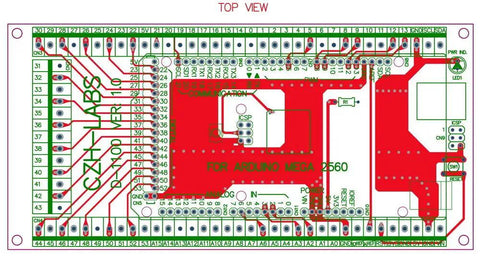 Top view of DIN Rail Mount Screw Terminal Block Adapter Module for Arduino Mega 2560 R3, FR-4 PCB with dual copper layers.